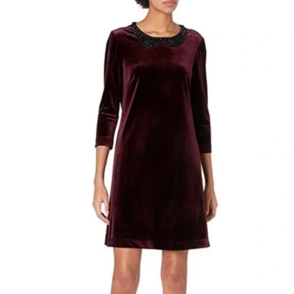 Betsey Johnson Peter Pan Collar Dress Burgundy Velvet Jeweled Goth Womens Size 6 - Picture 1 of 9